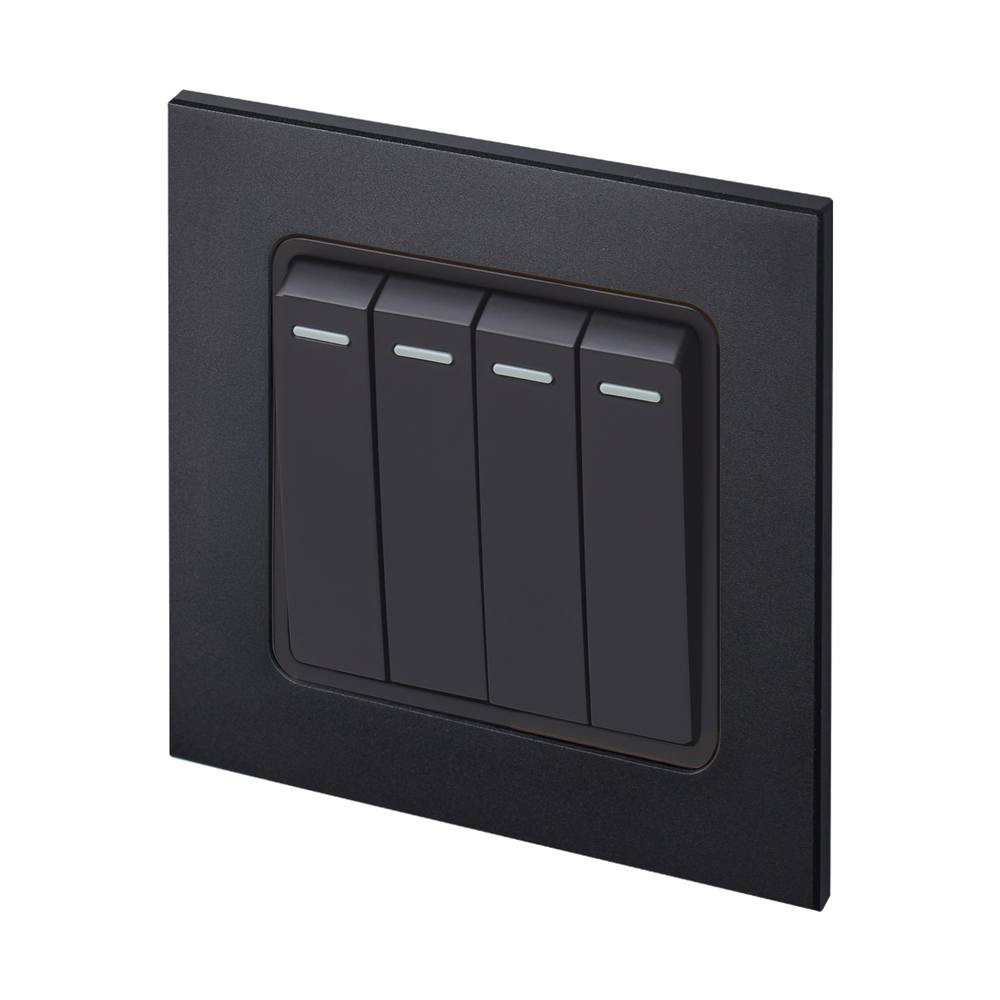 Aura Quadruple Rocker Light Switch - Matt Black RetroTouch Light
